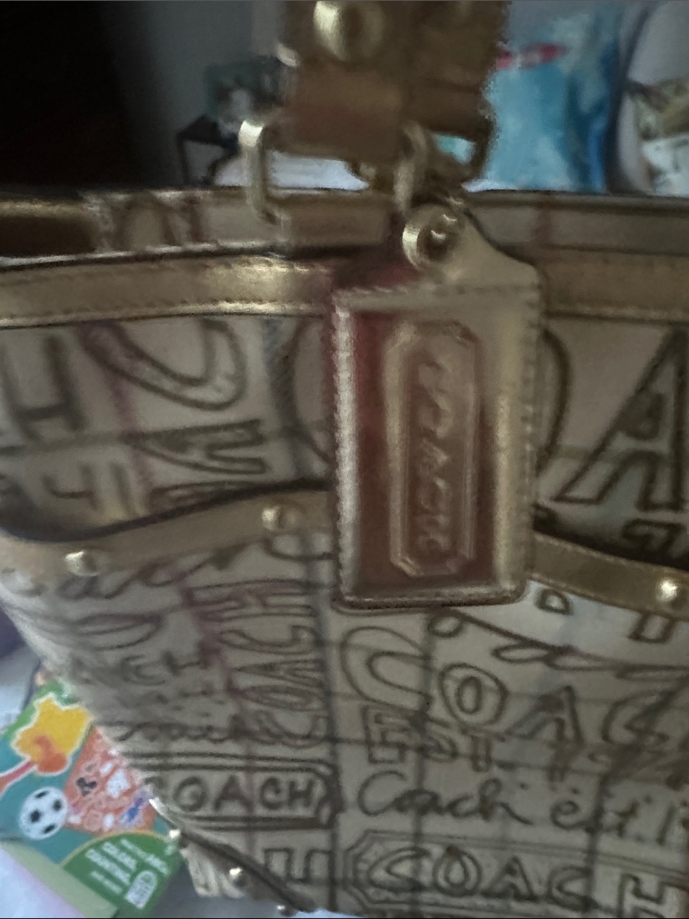 Coach Cream Logo Grid Tote with Gold Trim and Charm - Picture 5 of 5